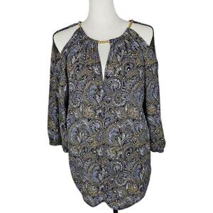Michael Kors Navy Paisley Blouse Sz M 3/4 Sleeve Gold Chain Boho Flowy Relaxed